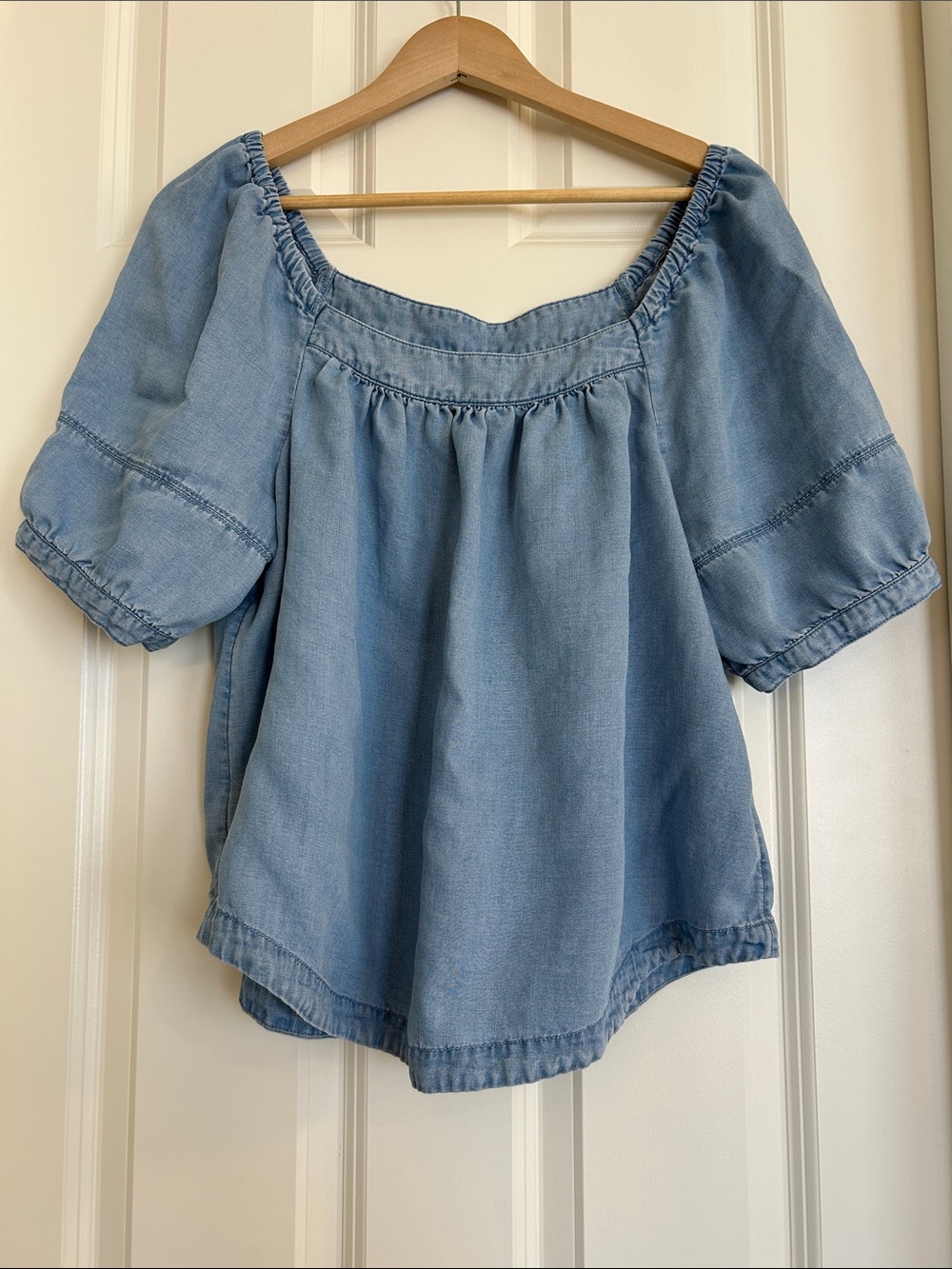 LOFT Chambray Square Neck Puff Sleeve Top Linen Blend Light Wash Blue Sz L